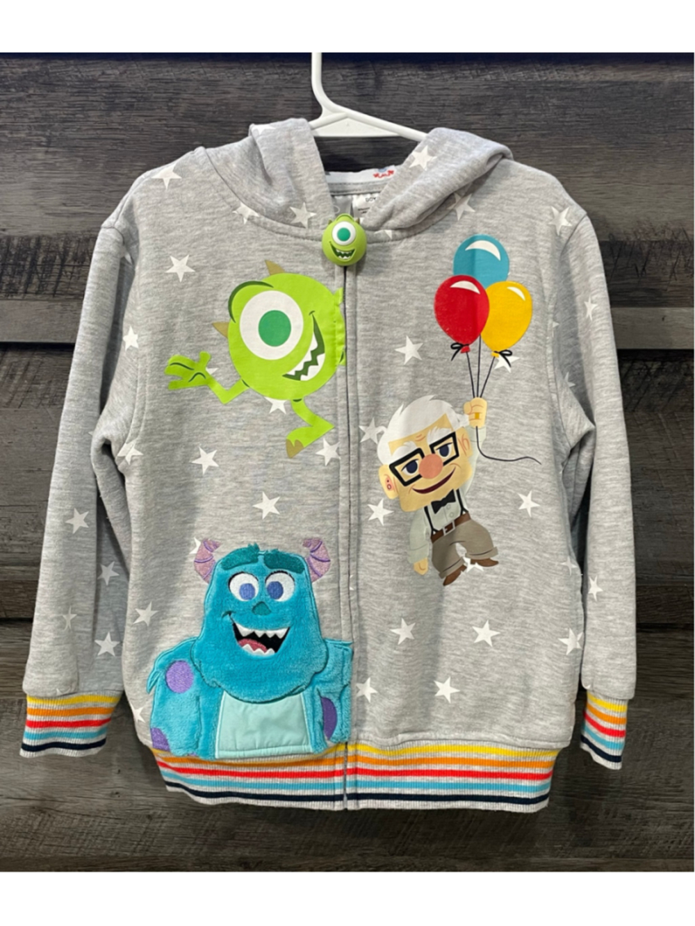 Disney 100 Pixar Monsters Inc UP Zip Hoodie Mike Sulley Carl Size 6 Rainbow Cuff